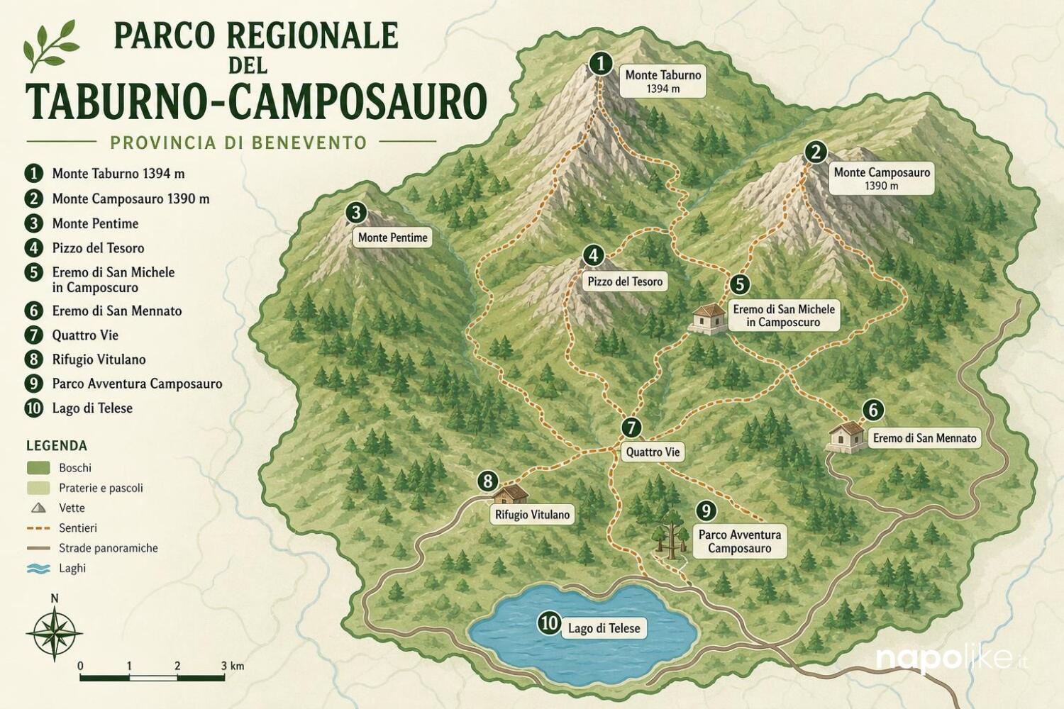 Infografica mappa del Parco del Taburno-Camposauro con i sentieri