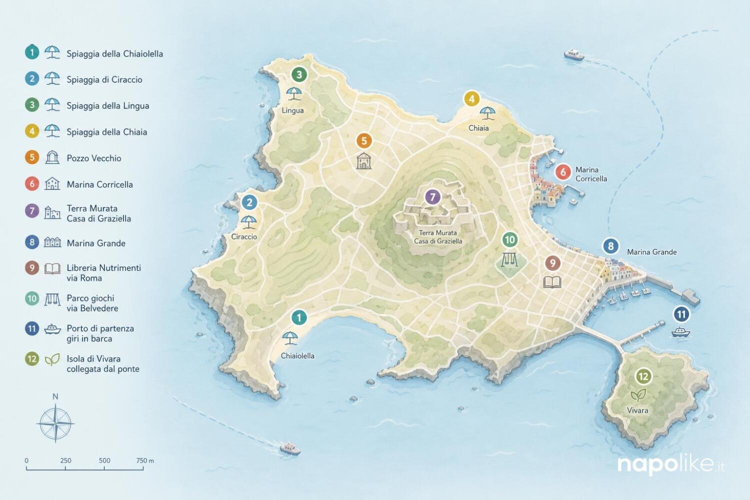 Mappa di Procida con i luoghi da visitare con i bambini