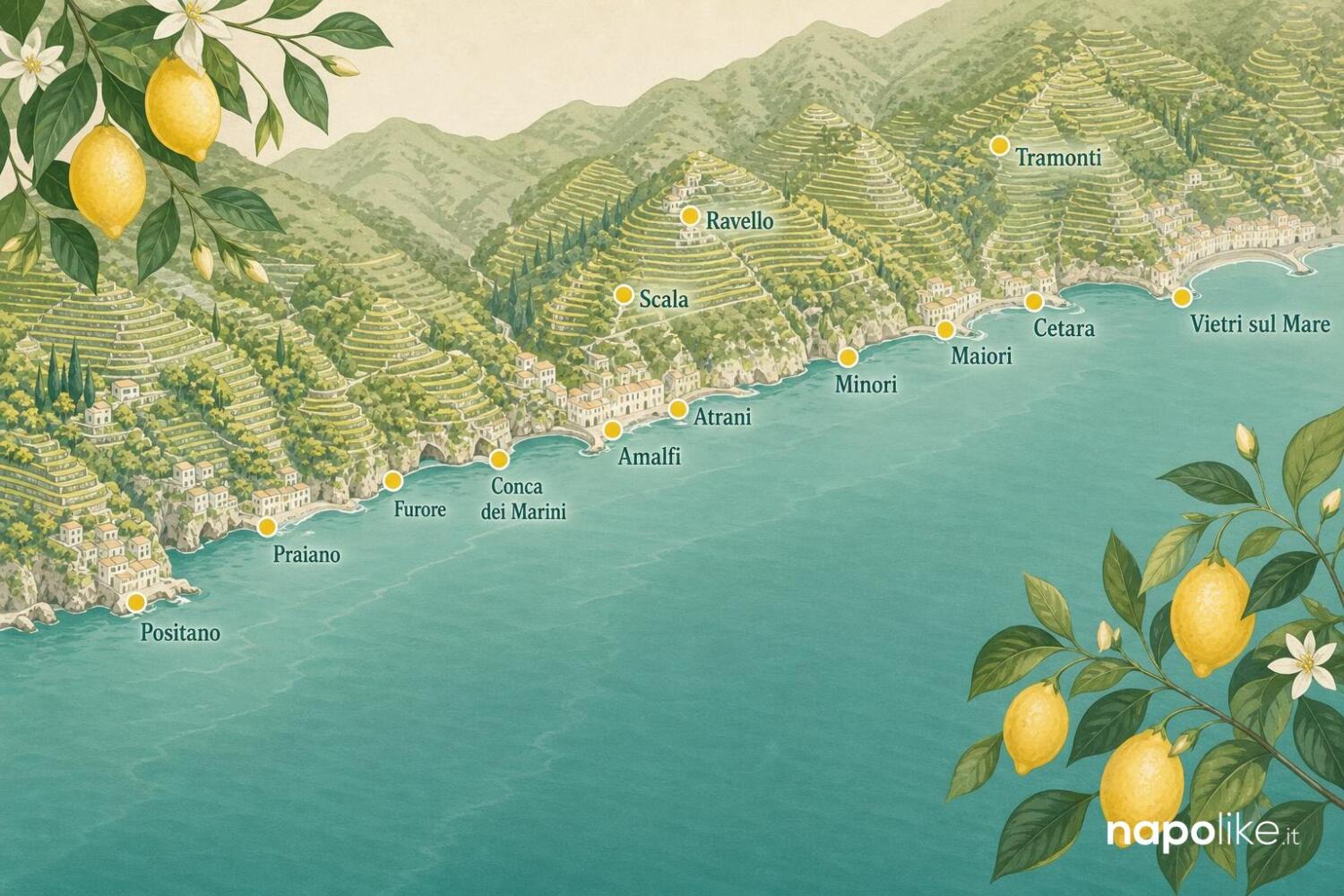 Mappa della Costiera Amalfitana con i comuni del Limone IGP