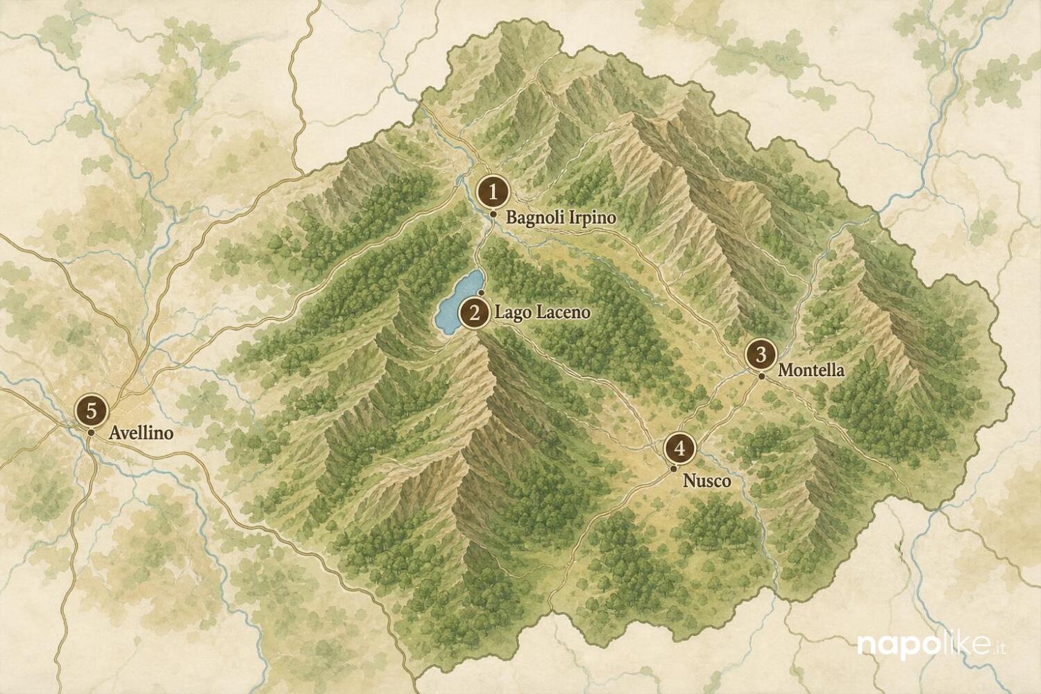 Mappa della zona del tartufo di Bagnoli Irpino: Bagnoli Irpino, Lago Laceno, Montella, Nusco, Avellino