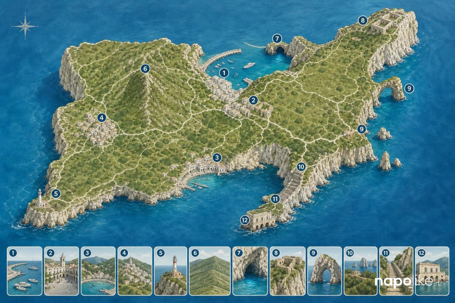 Mappa di Capri con i luoghi low cost: Marina Grande, Capri centro, Marina Piccola, Anacapri, Faro di Punta Carena, Monte Solaro