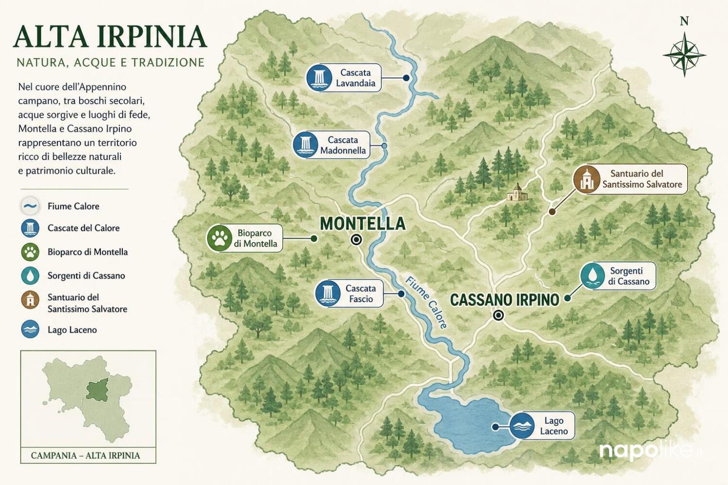 Mappa delle cascate di Montella e Cassano Irpino