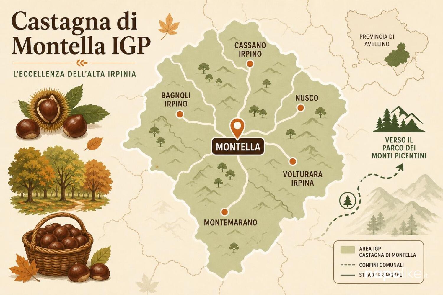 Mappa dell areale della Castagna di Montella IGP con i comuni di Montella, Bagnoli Irpino, Cassano Irpino, Nusco, Volturara Irpina e Montemarano