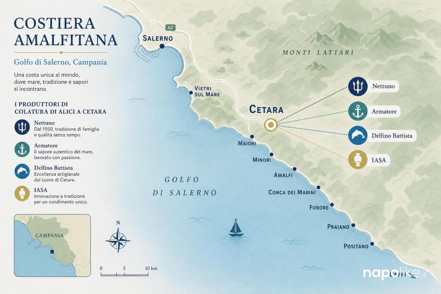 Mappa della Costiera Amalfitana con i produttori di colatura di alici di Cetara