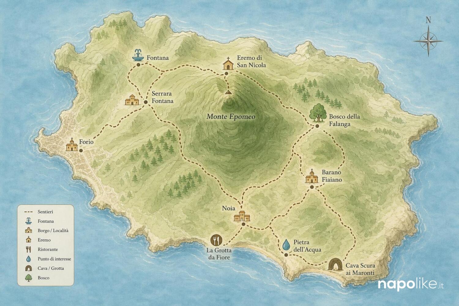 Mappa del Monte Epomeo a Ischia con i sentieri e i luoghi citati