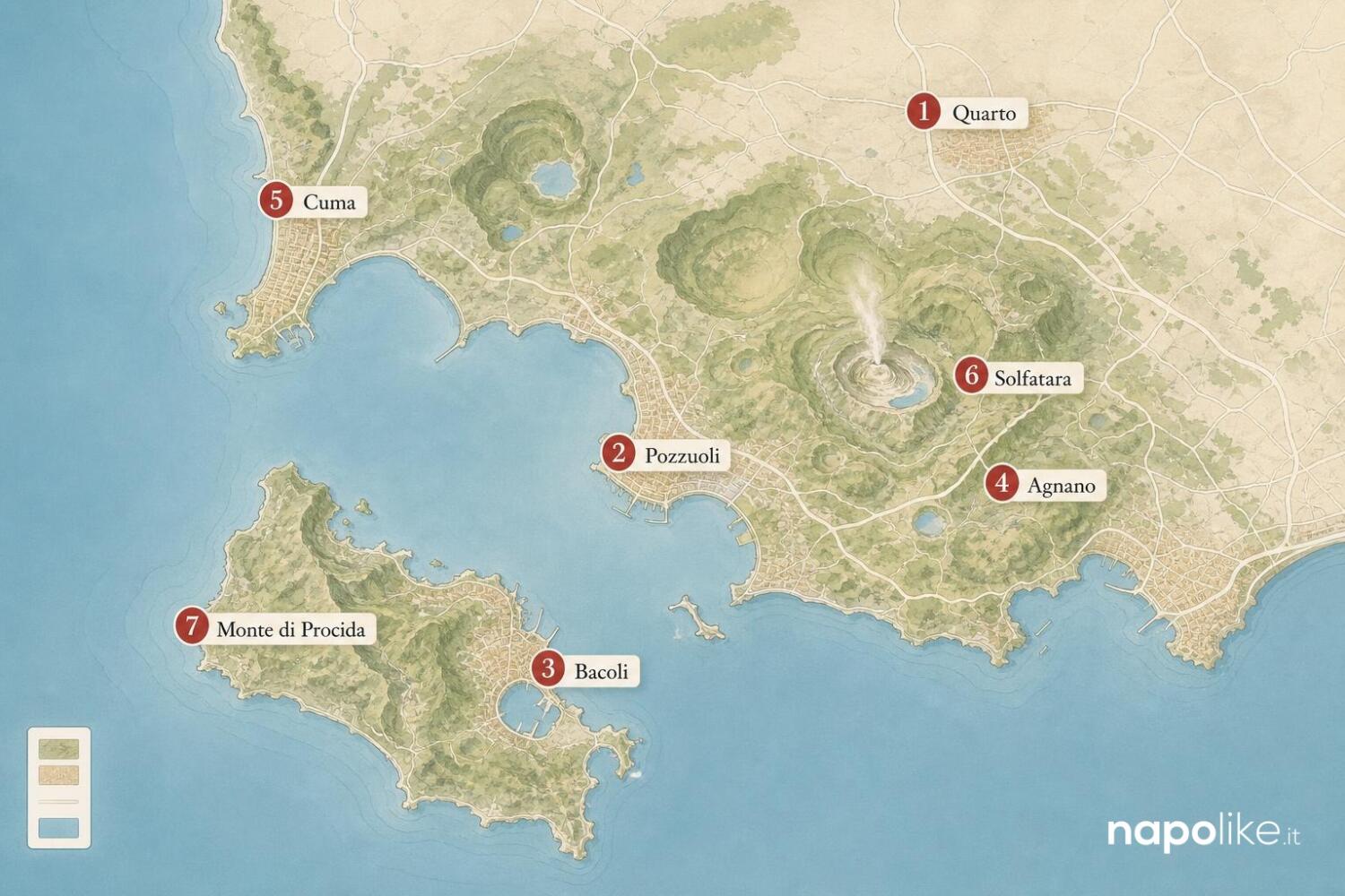 Mappa dei Campi Flegrei con le cantine e i luoghi da visitare