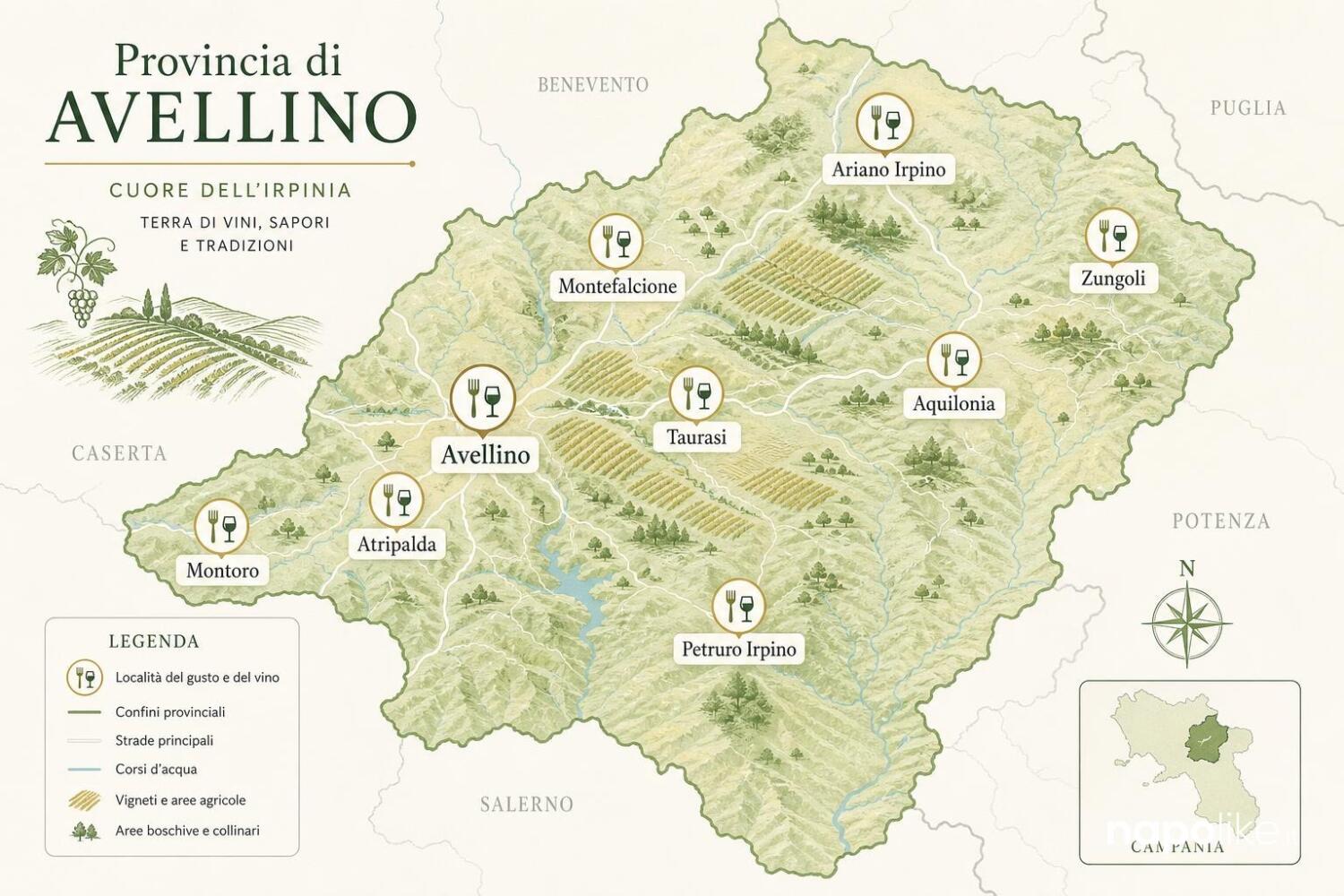 Mappa dell'Irpinia con i migliori ristoranti segnati