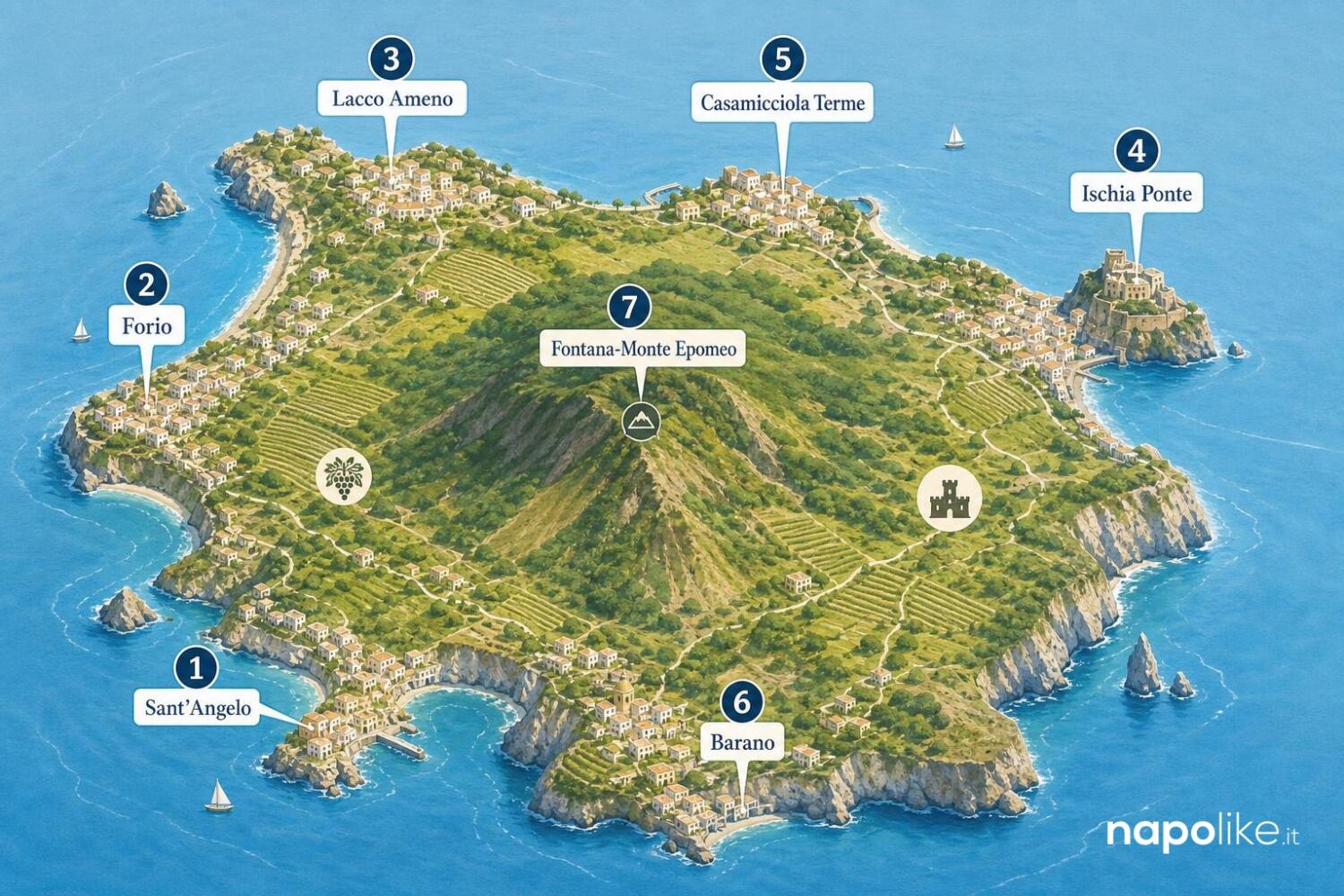 Infografica mappa dei borghi più belli di Ischia