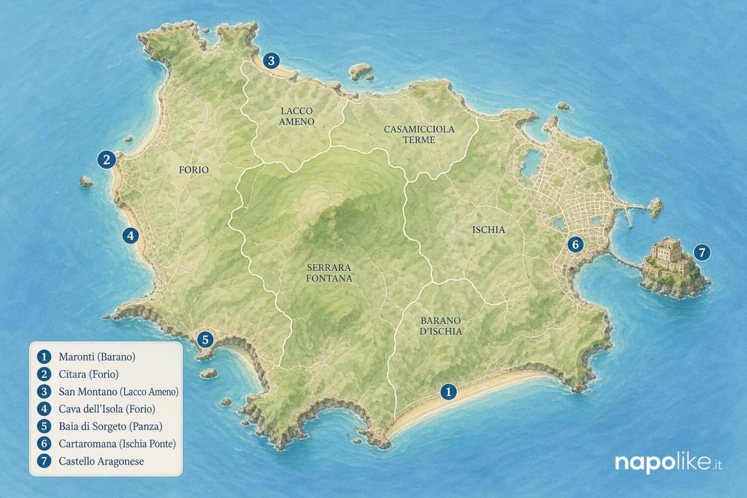 Mappa delle spiagge più belle di Ischia