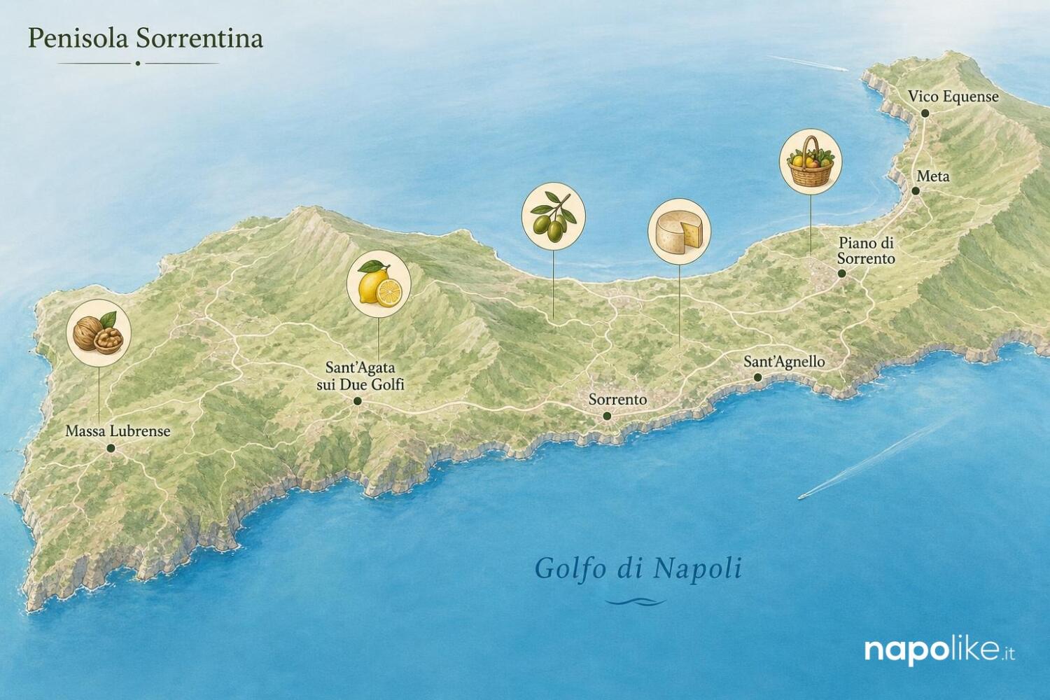 Infografica della penisola sorrentina con i luoghi dove comprare i prodotti tipici