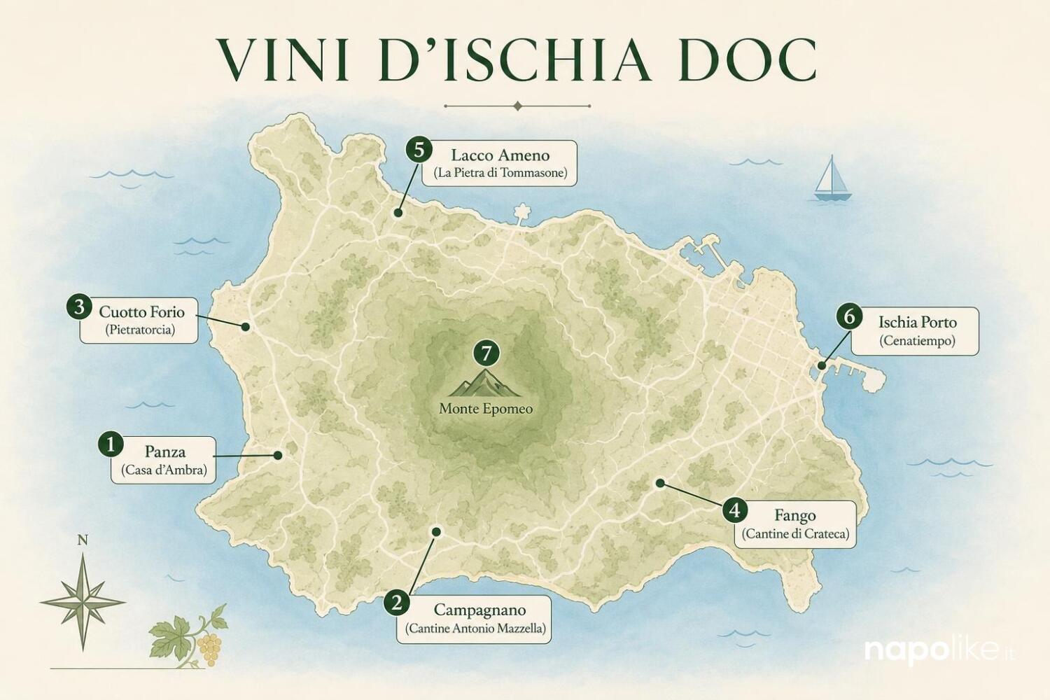 Mappa delle cantine di Ischia dove degustare i vini DOC