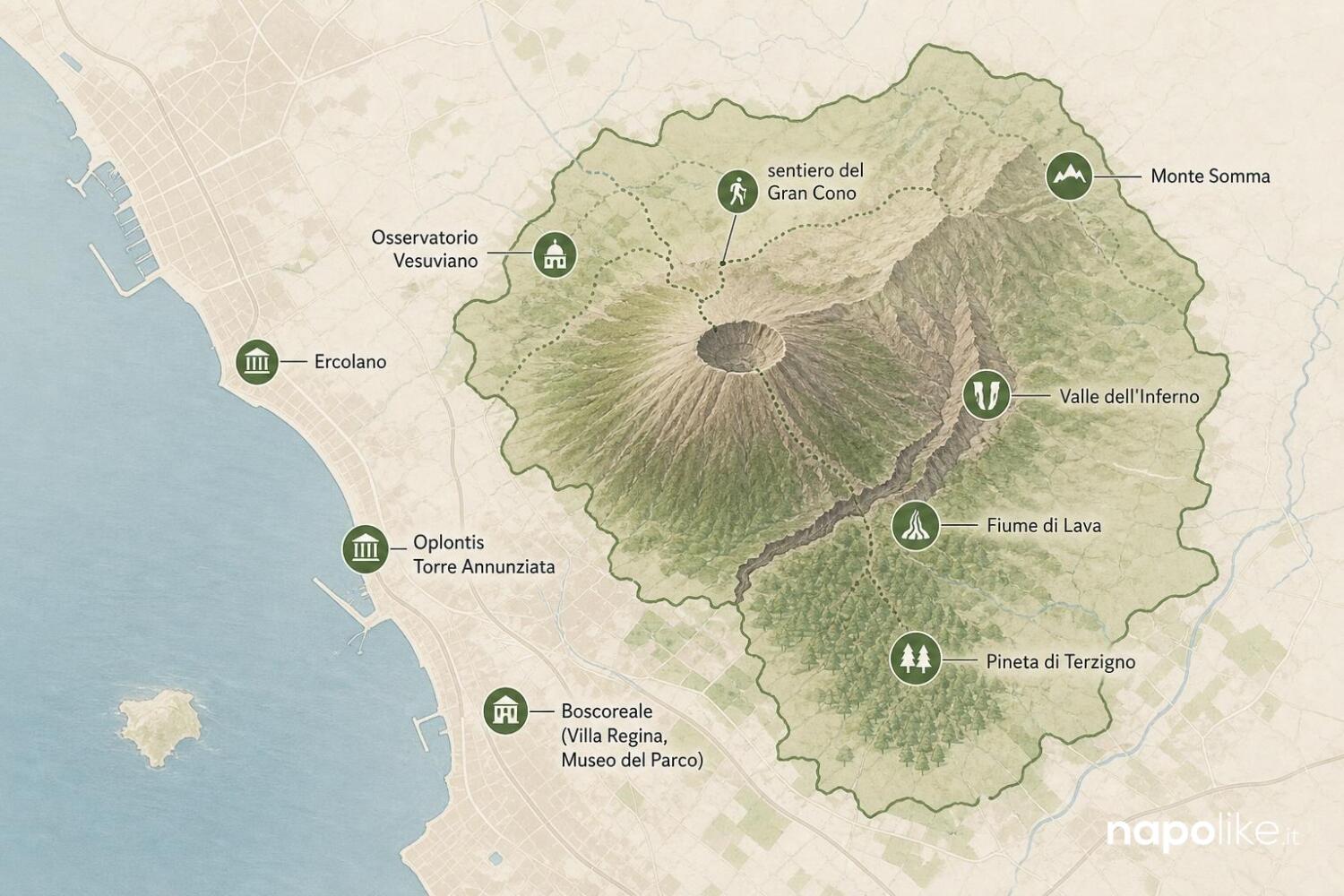 Mappa del Parco Nazionale del Vesuvio con i luoghi da visitare
