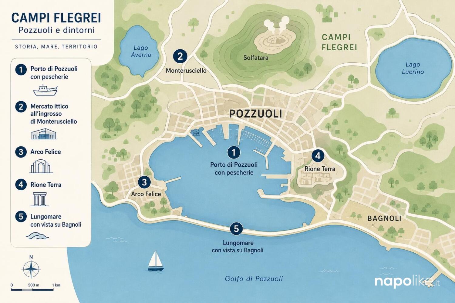 Infografica mappa di Pozzuoli e dei Campi Flegrei con i luoghi del pesce
