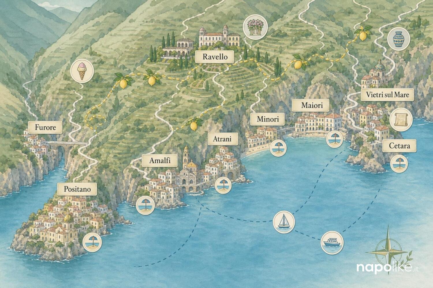 Mappa della Costiera Amalfitana con i luoghi da visitare con i bambini