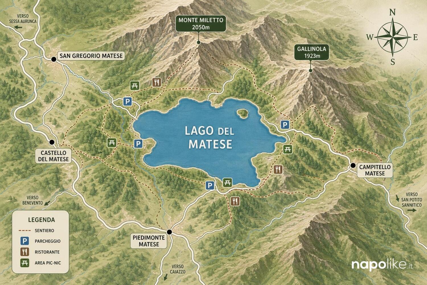 Infografica mappa del Lago del Matese con i luoghi citati