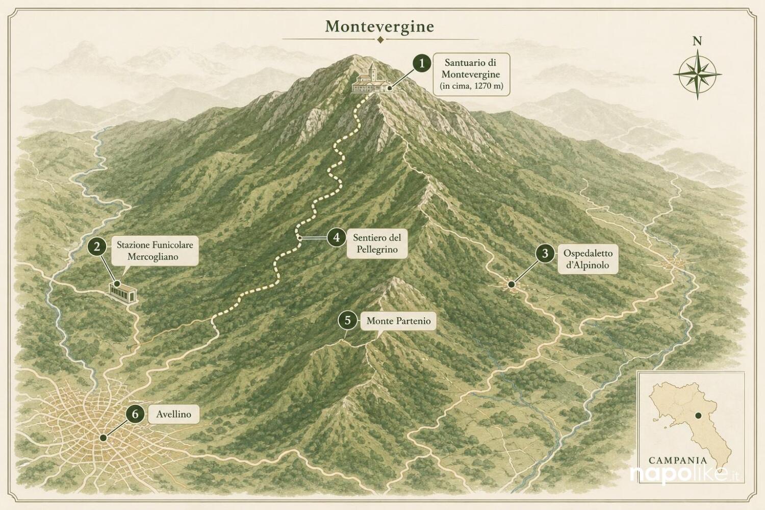 Mappa del Santuario di Montevergine e della zona del Monte Partenio