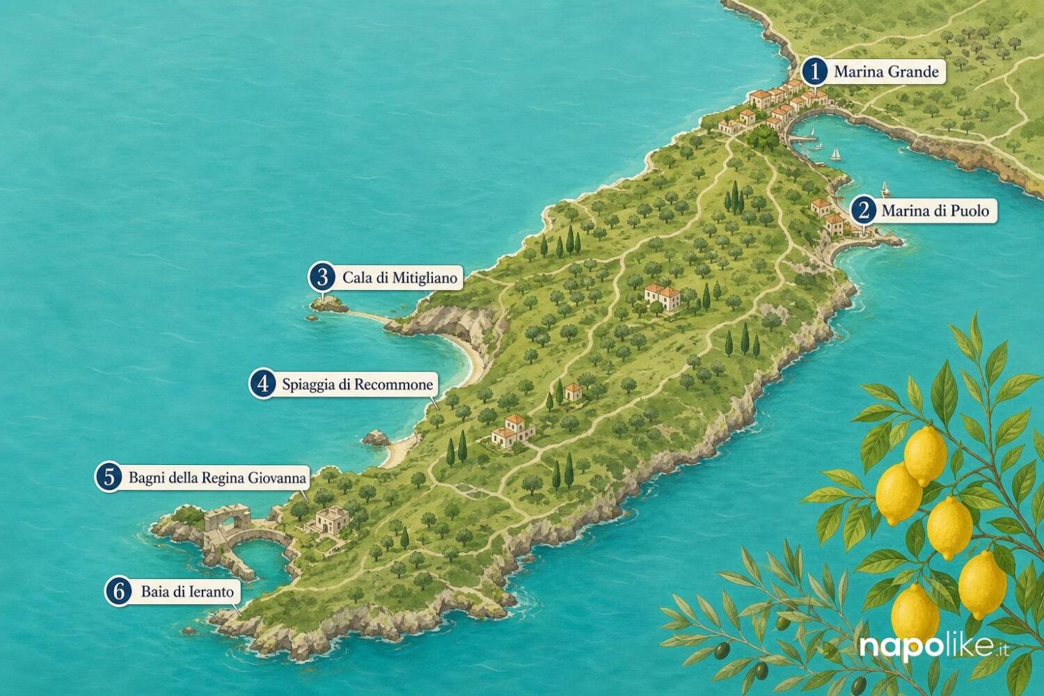 Mappa delle spiagge più belle della penisola sorrentina