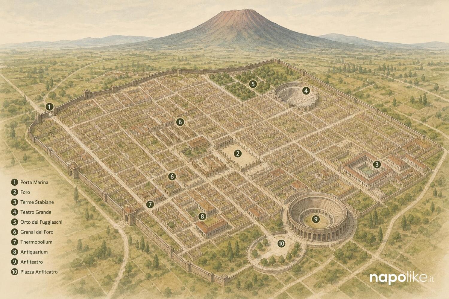 Mappa degli scavi di Pompei con i luoghi da visitare con i bambini
