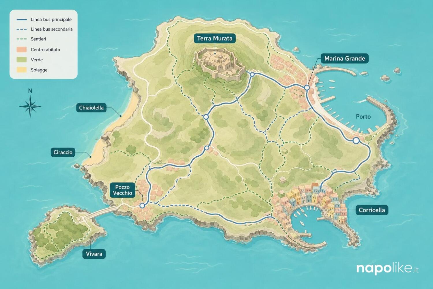 Mappa di Procida con le zone dove dormire: Corricella, Chiaiolella, Marina Grande, Terra Murata e Vivara