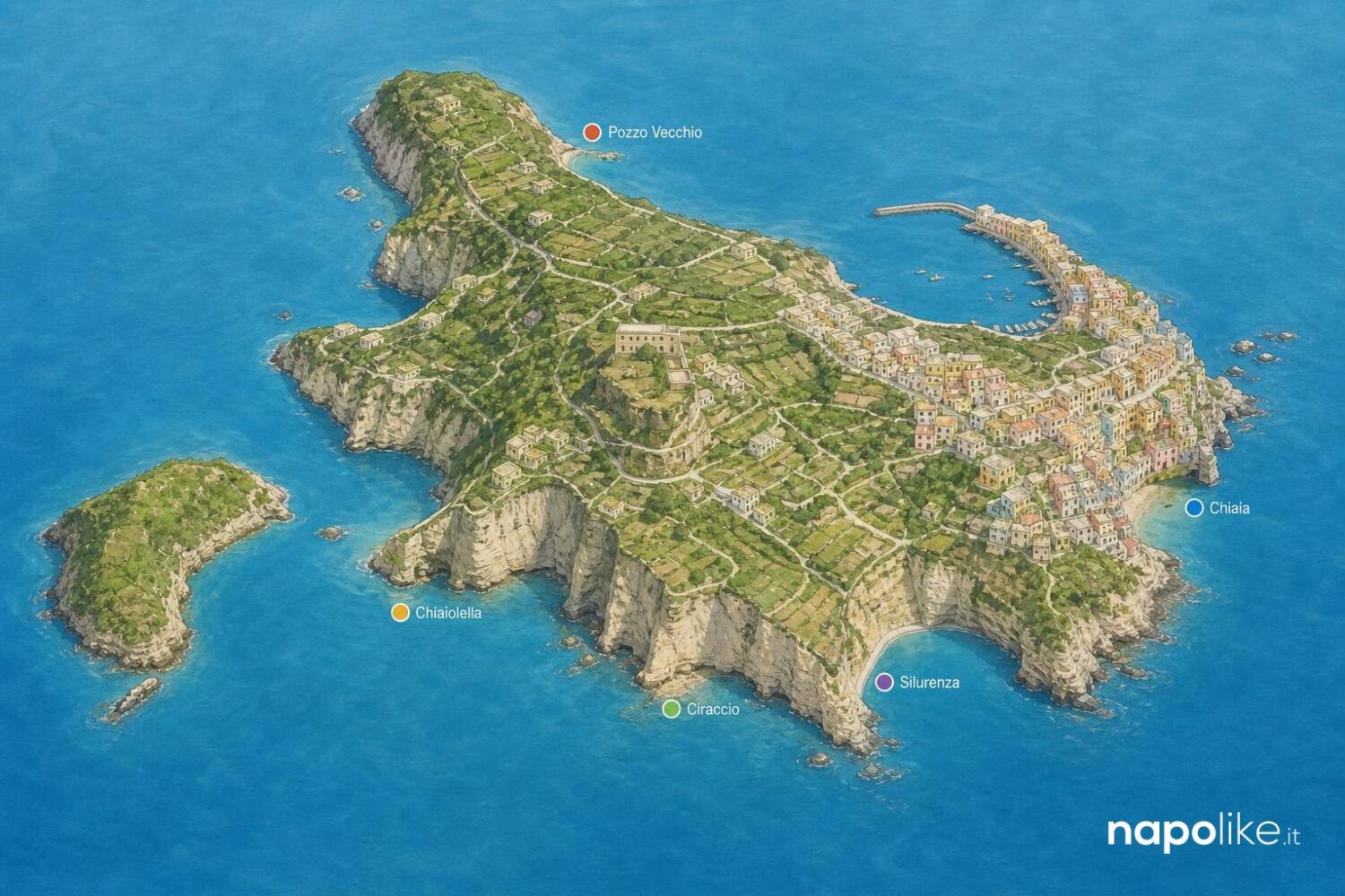 Mappa delle spiagge di Procida: Pozzo Vecchio, Chiaiolella, Ciraccio, Silurenza, Chiaia
