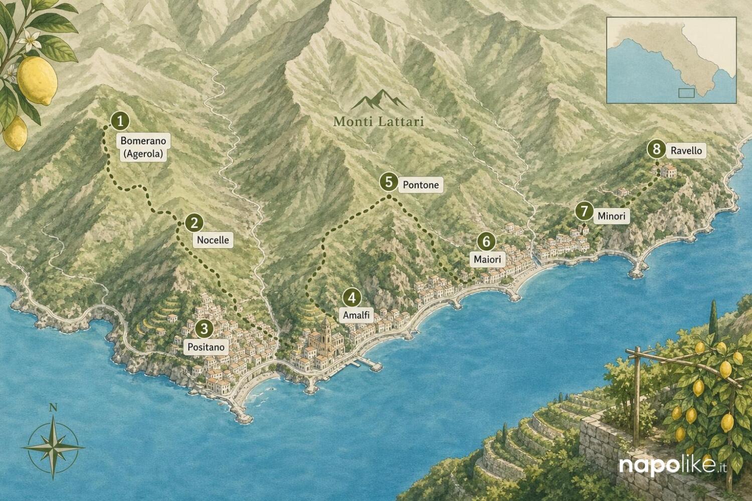 Mappa delle escursioni della Costiera Amalfitana: Sentiero degli Dei, Valle delle Ferriere, Sentiero dei Limoni