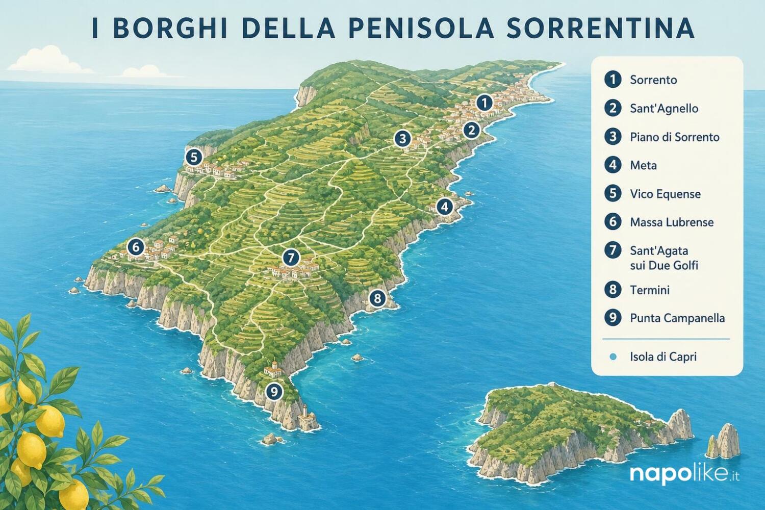 Mappa dei borghi della penisola sorrentina