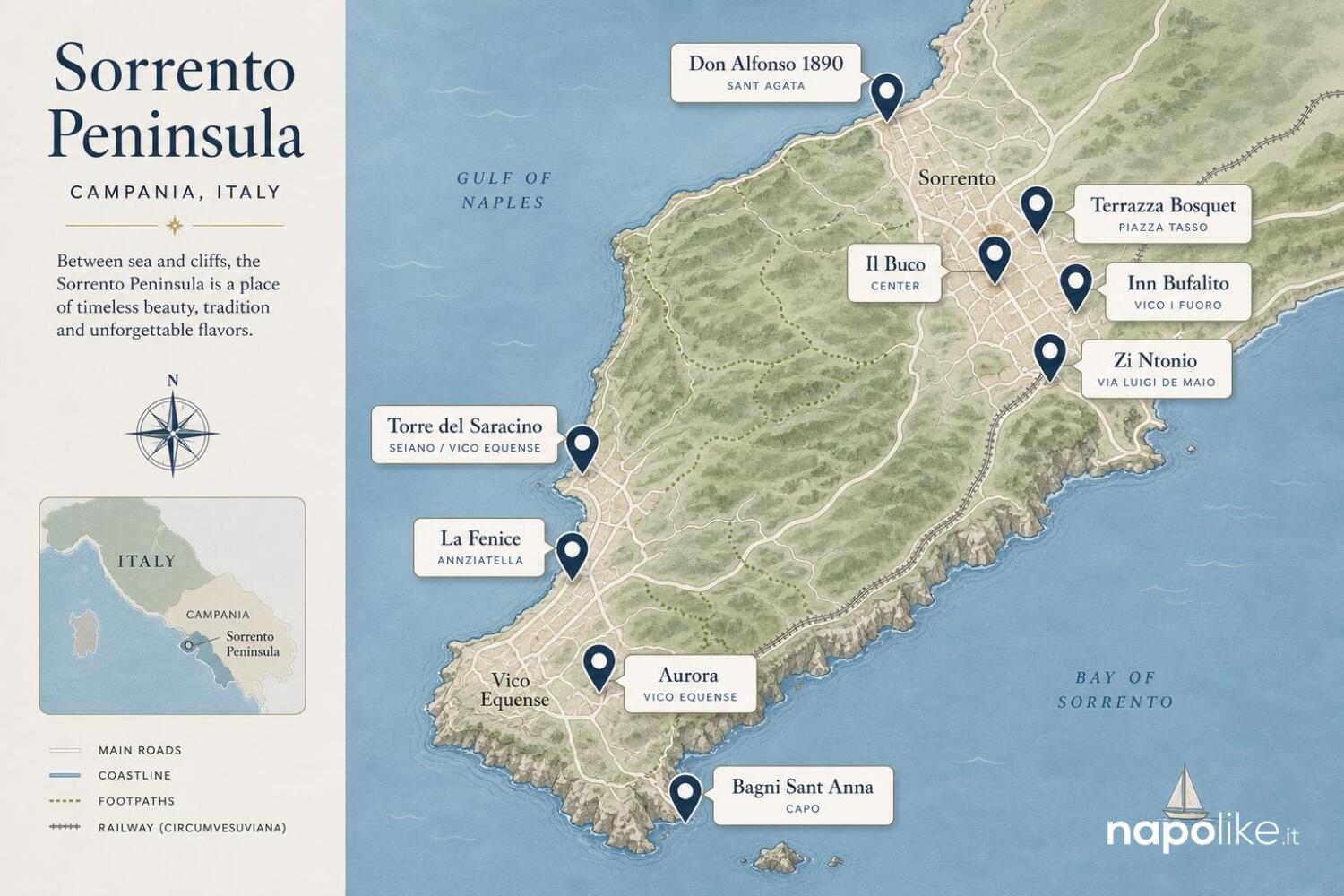 Mappa dei migliori ristoranti di Sorrento e penisola sorrentina