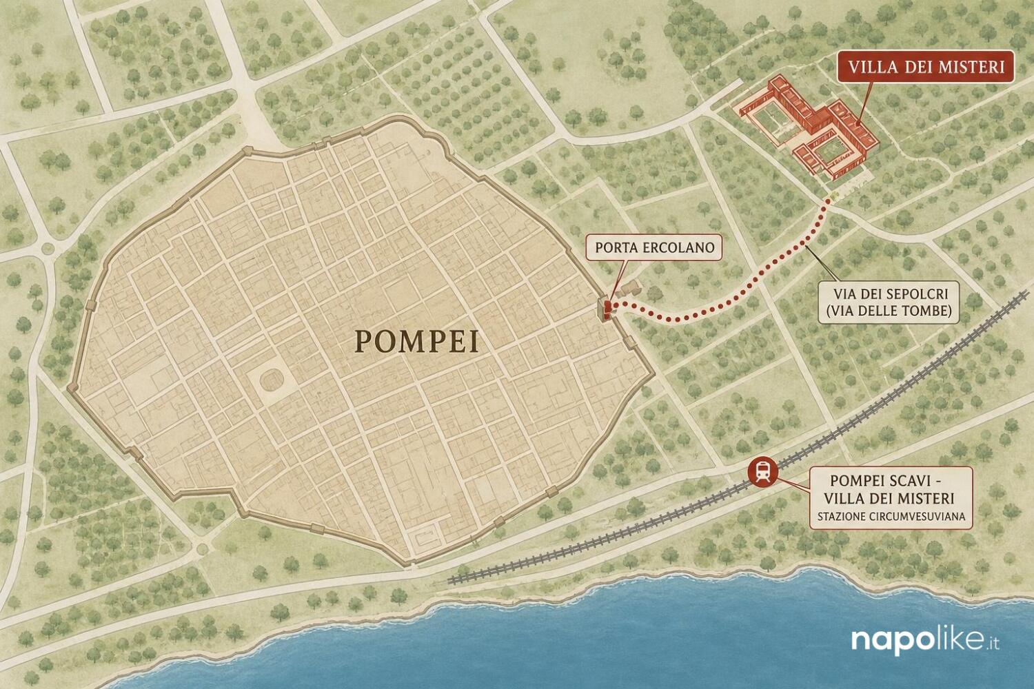 Mappa della zona di Pompei con Villa dei Misteri, Porta Ercolano e stazione Circumvesuviana