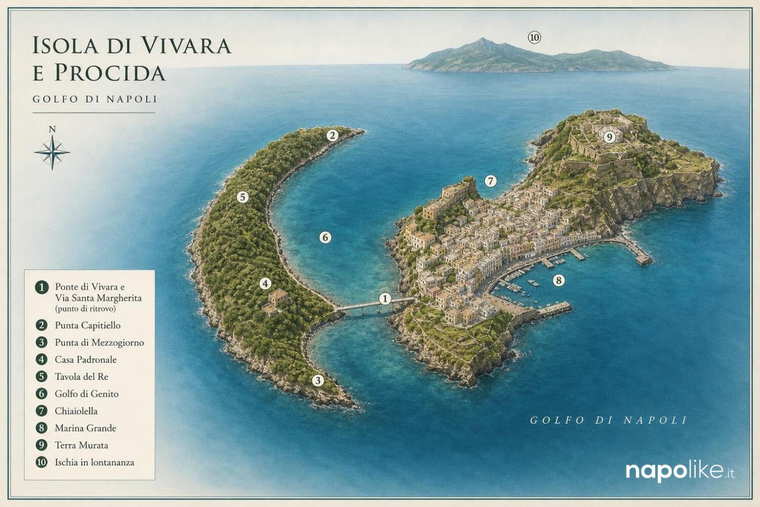 Mappa dell'isola di Vivara e Procida con i luoghi della visita guidata
