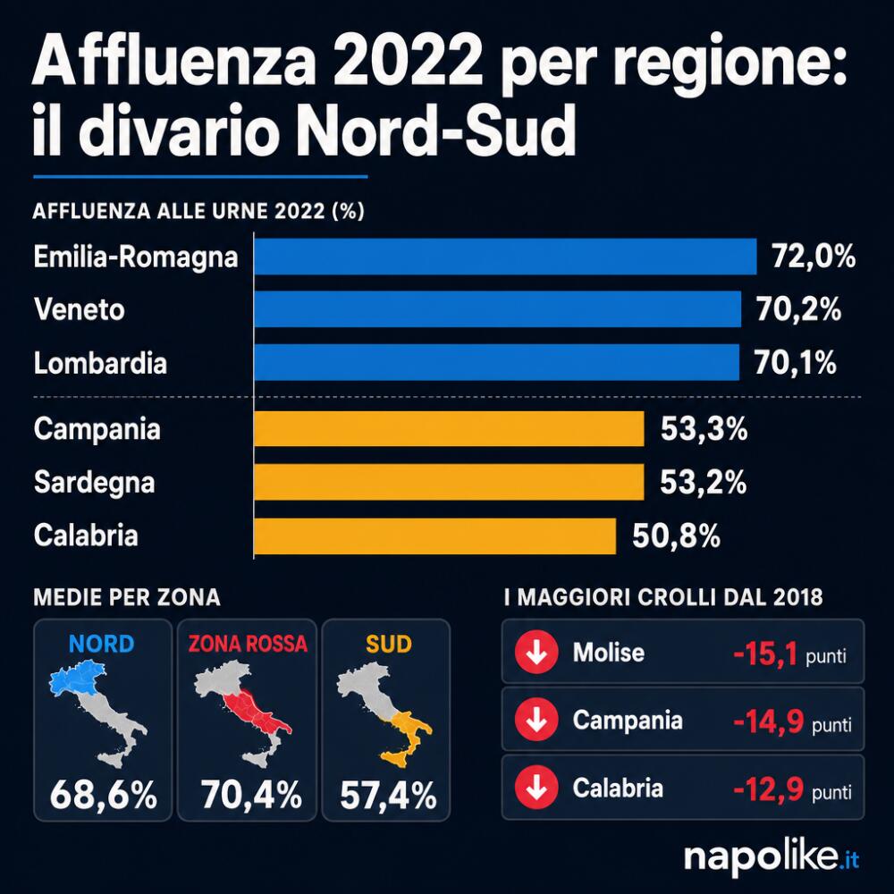 Affluenza 2022 per regione: il divario Nord-Sud