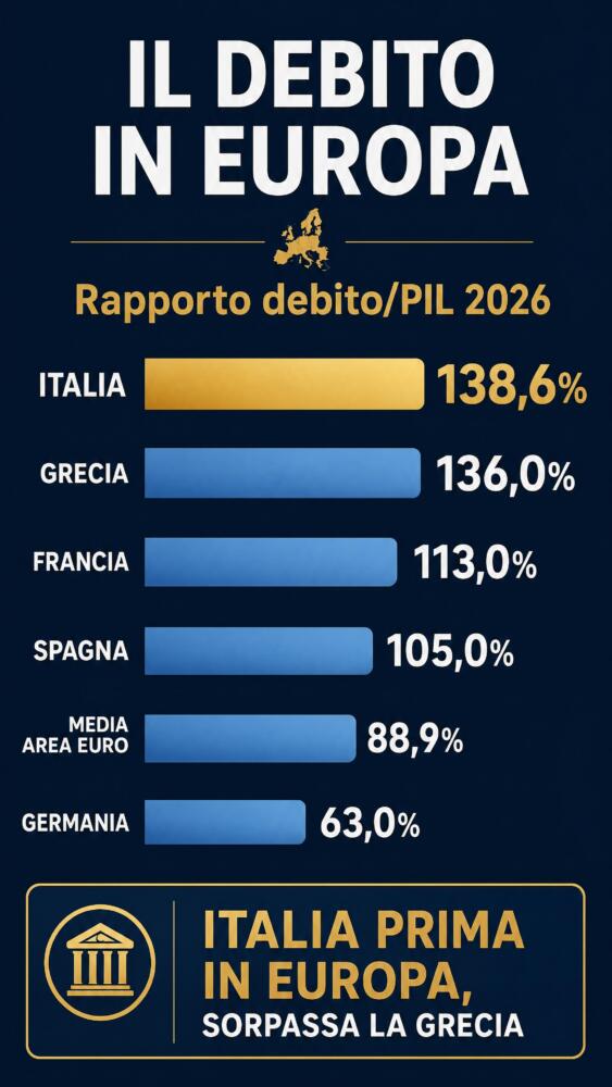 Confronto del rapporto debito/PIL in Europa nel 2026: Italia prima con il 138,6%