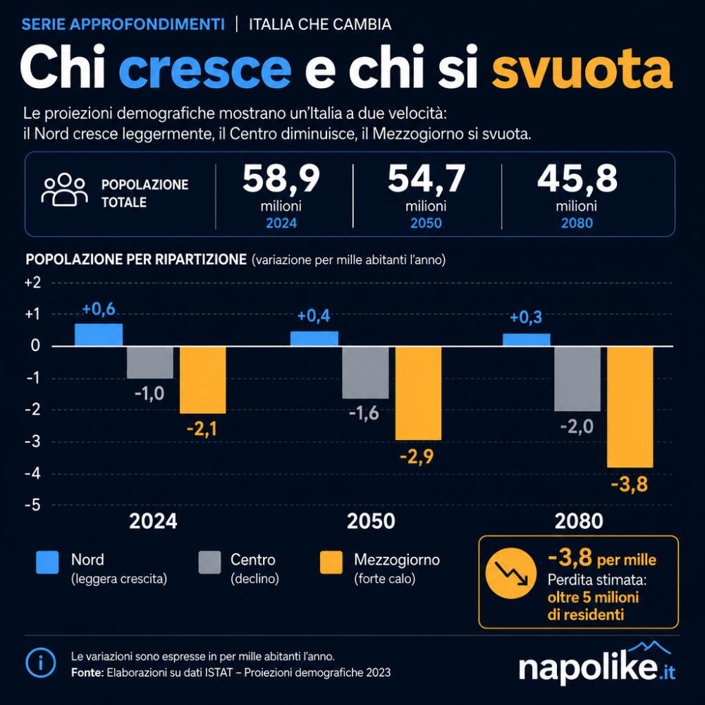 Chi cresce e chi si svuota: Nord, Centro e Mezzogiorno