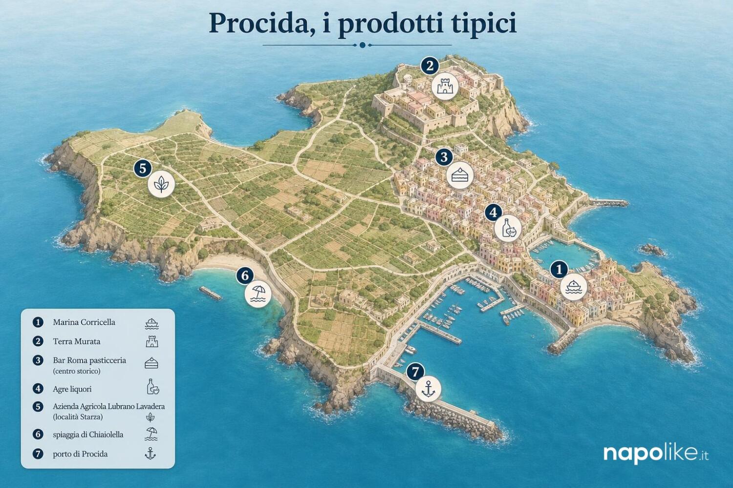 Mappa dei prodotti tipici di Procida: limoni, limoncello, lingue di Procida, dove comprarli