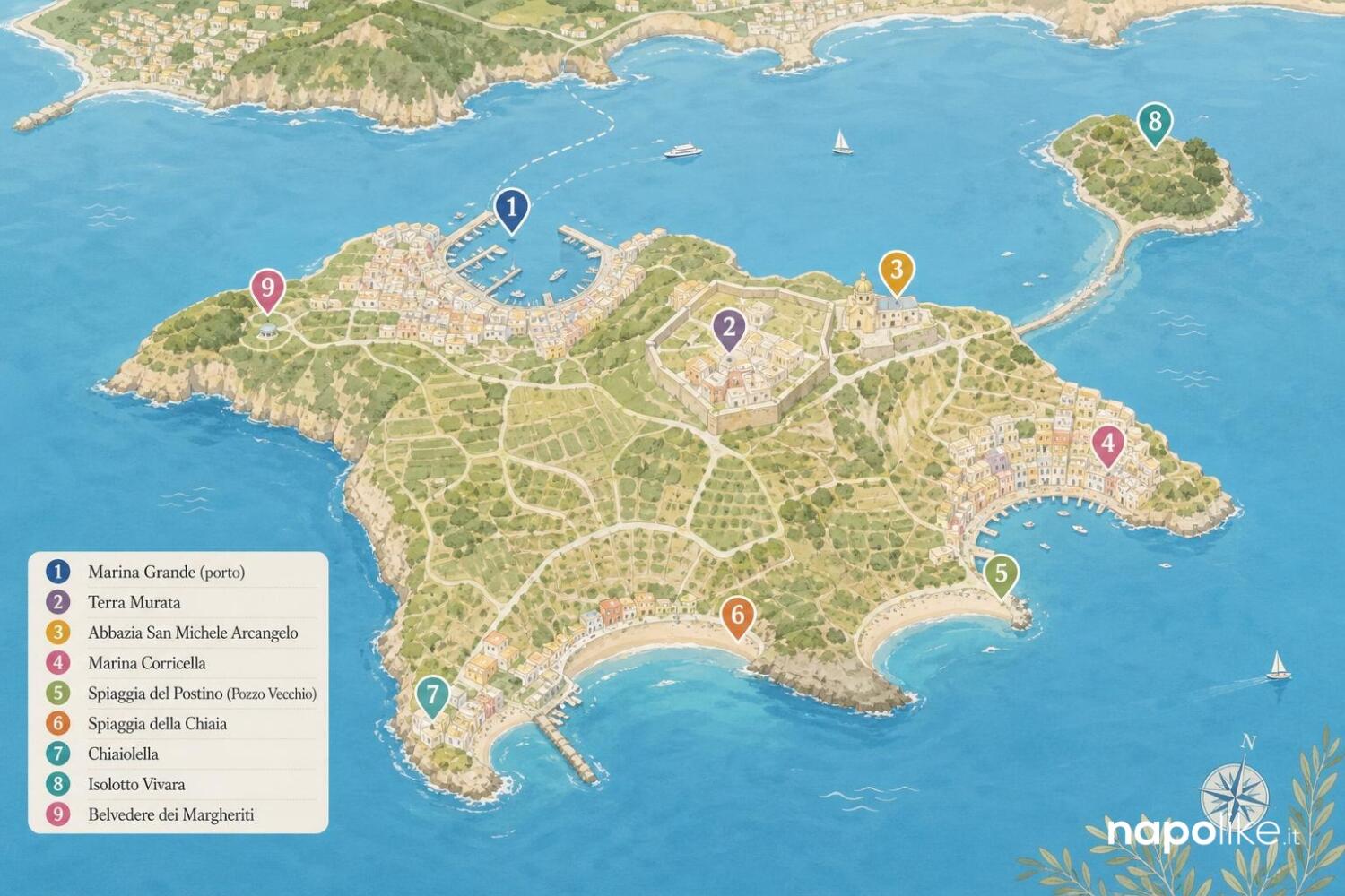 Mappa di Procida con i luoghi da vedere in un giorno