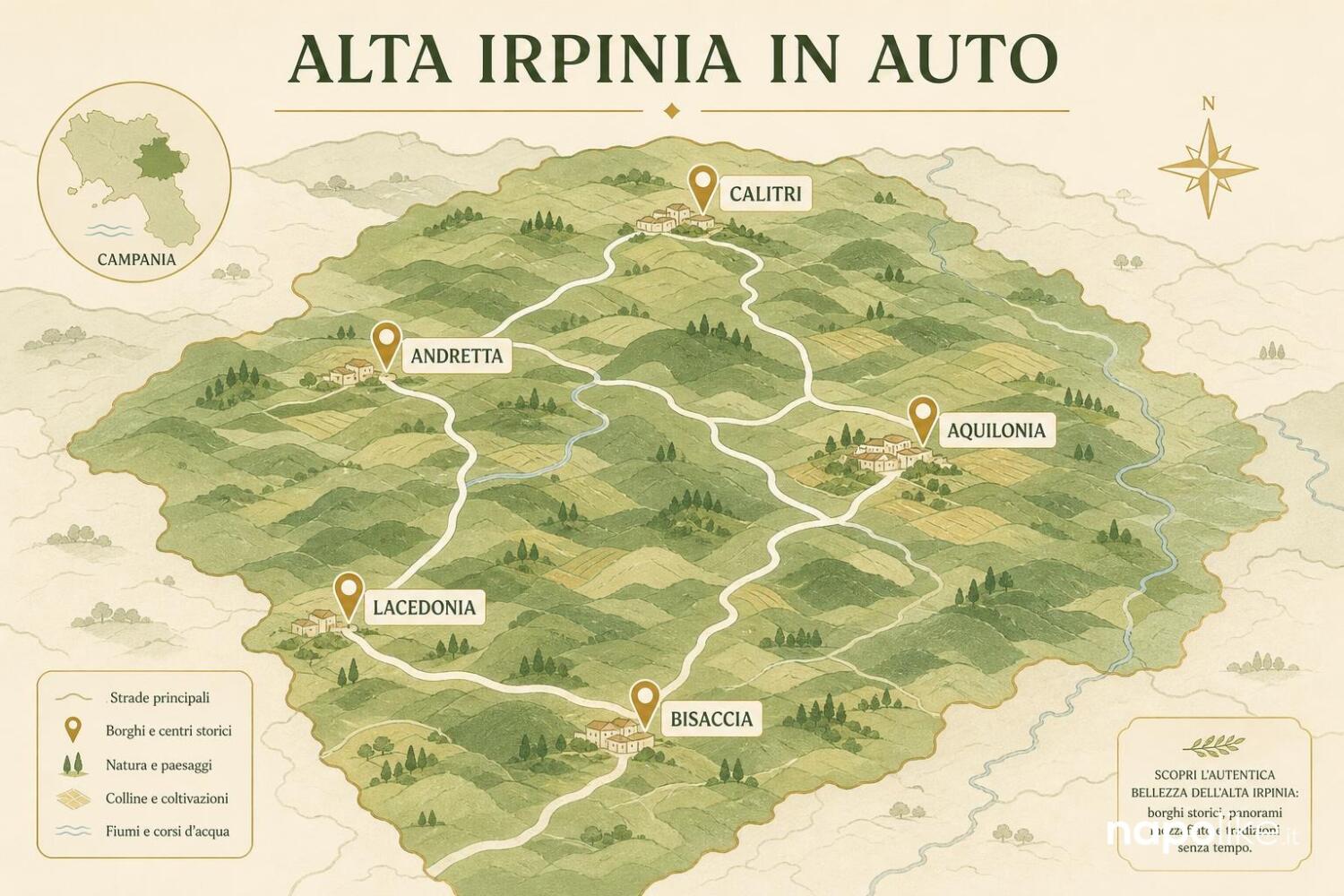 Mappa infografica dell Alta Irpinia con i borghi dell itinerario in auto