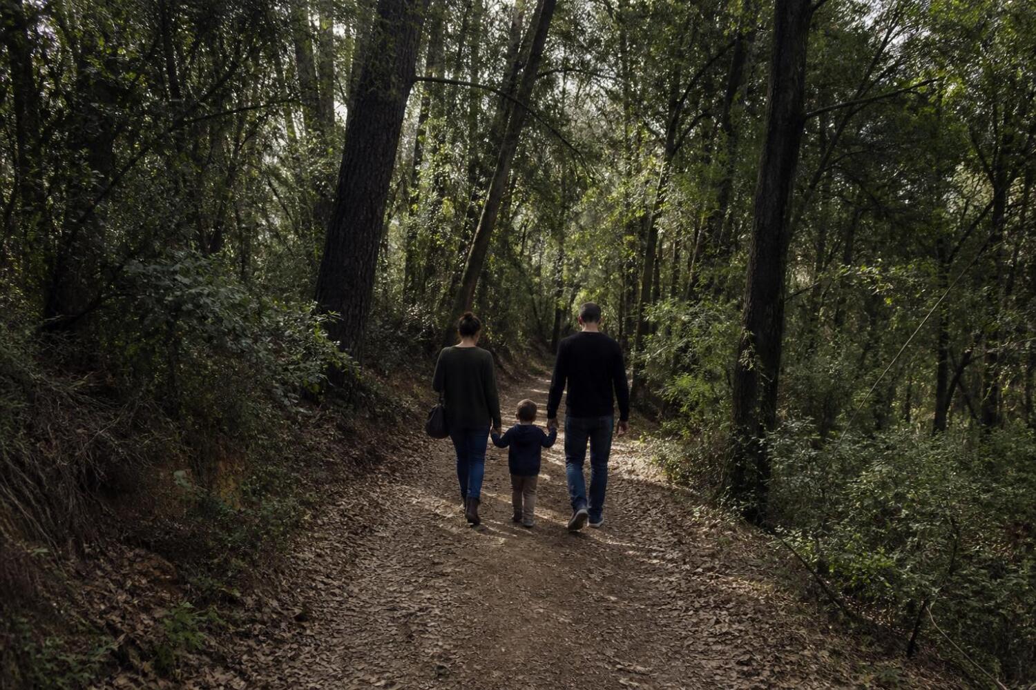 Sentiero nel bosco con famiglia a passeggio