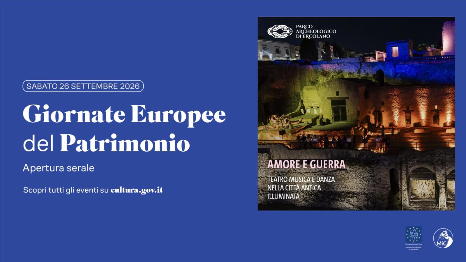 Locandina dell'apertura serale del Parco Archeologico di Ercolano per le Giornate Europee del Patrimonio, sabato 26 settembre 2026