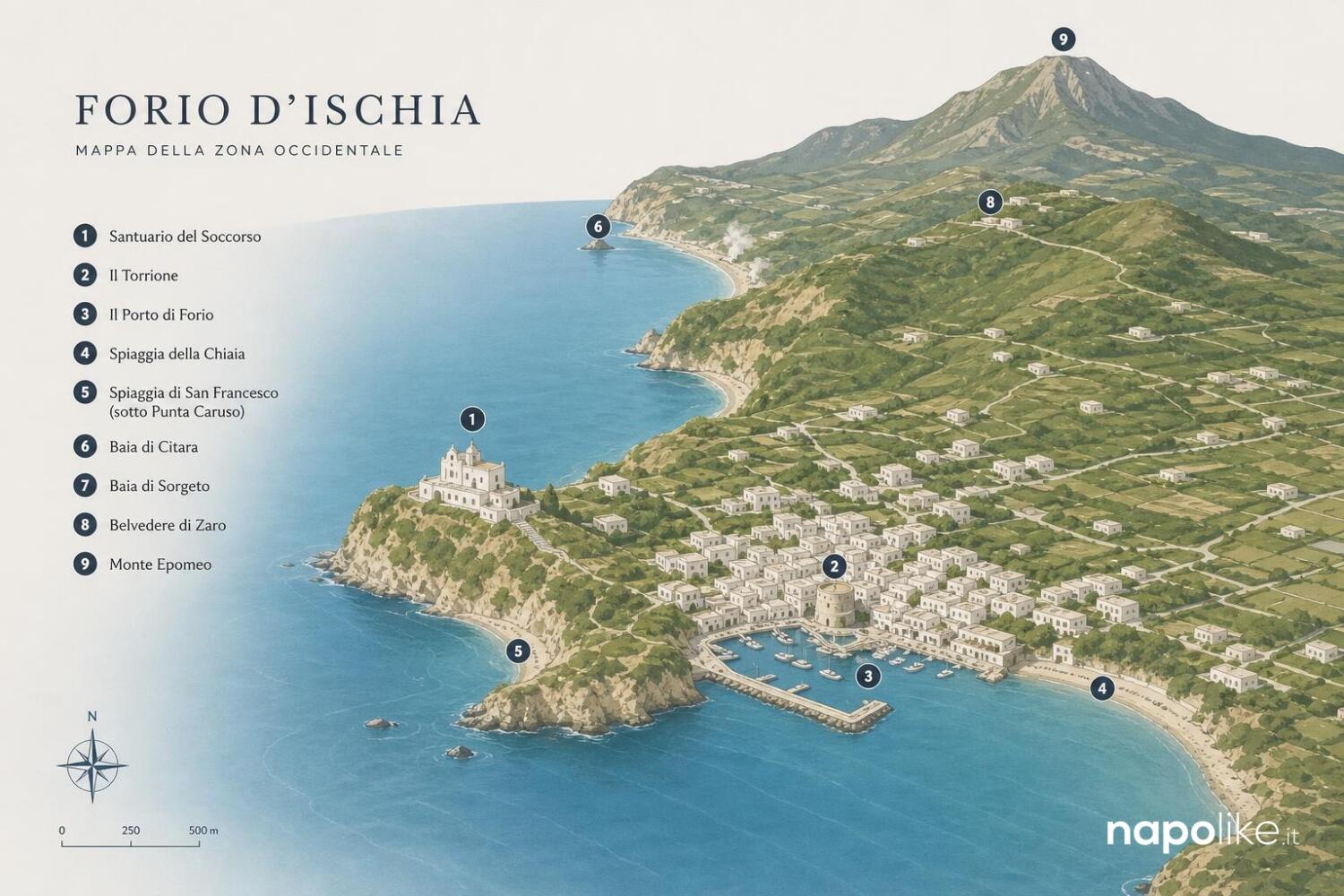 Mappa di Forio d Ischia con il Santuario del Soccorso e i luoghi da visitare