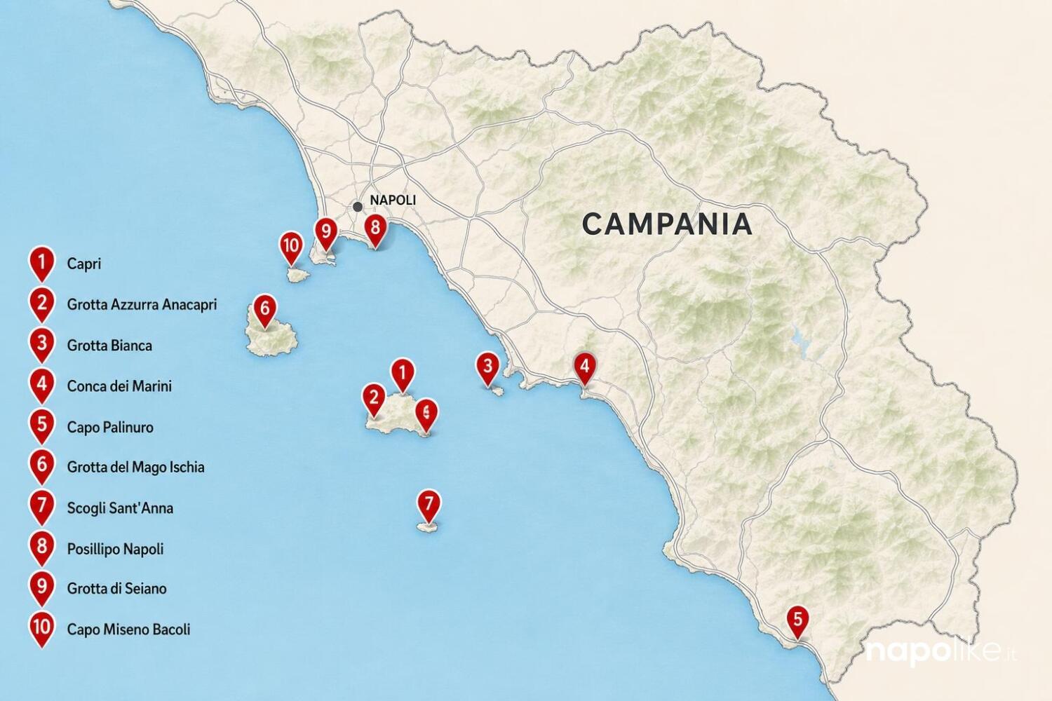 Mappa delle grotte marine della Campania