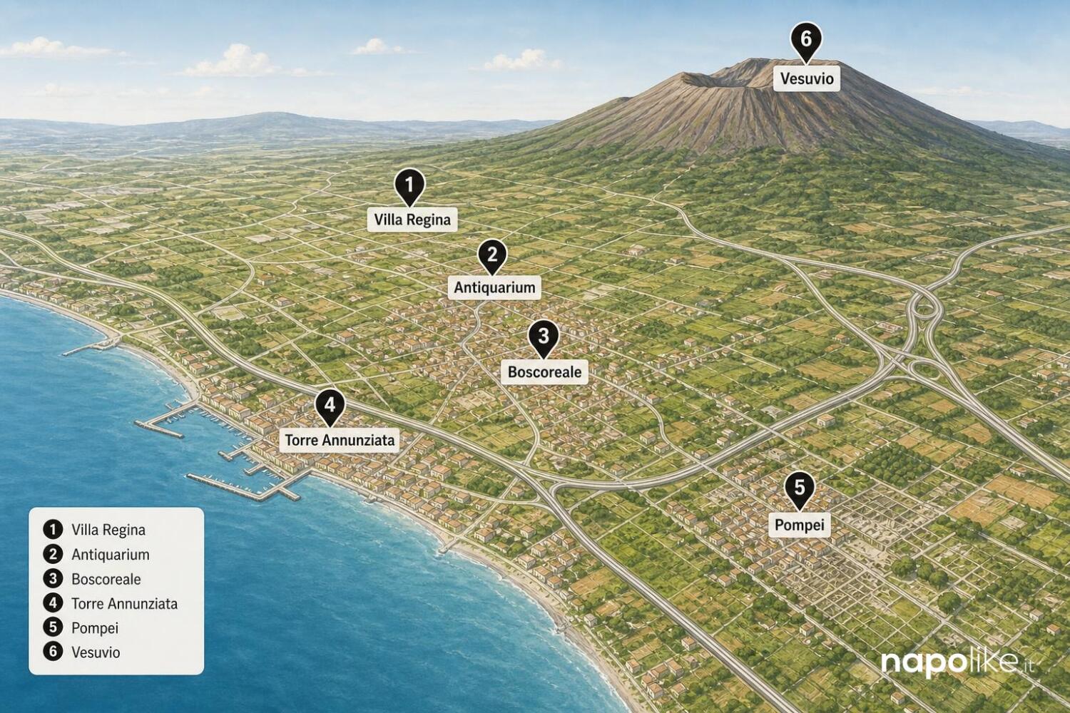 Mappa dell'area di Boscoreale con Villa Regina, l'Antiquarium e il Vesuvio