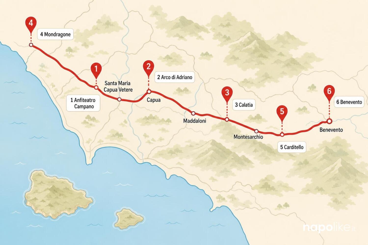 Mappa delle tappe della Via Appia in Campania