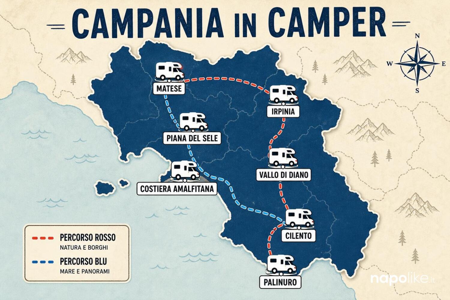 Mappa della Campania in camper con le zone di sosta