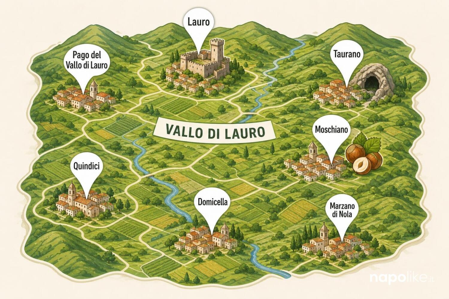 Mappa del Vallo di Lauro con i comuni e i luoghi principali
