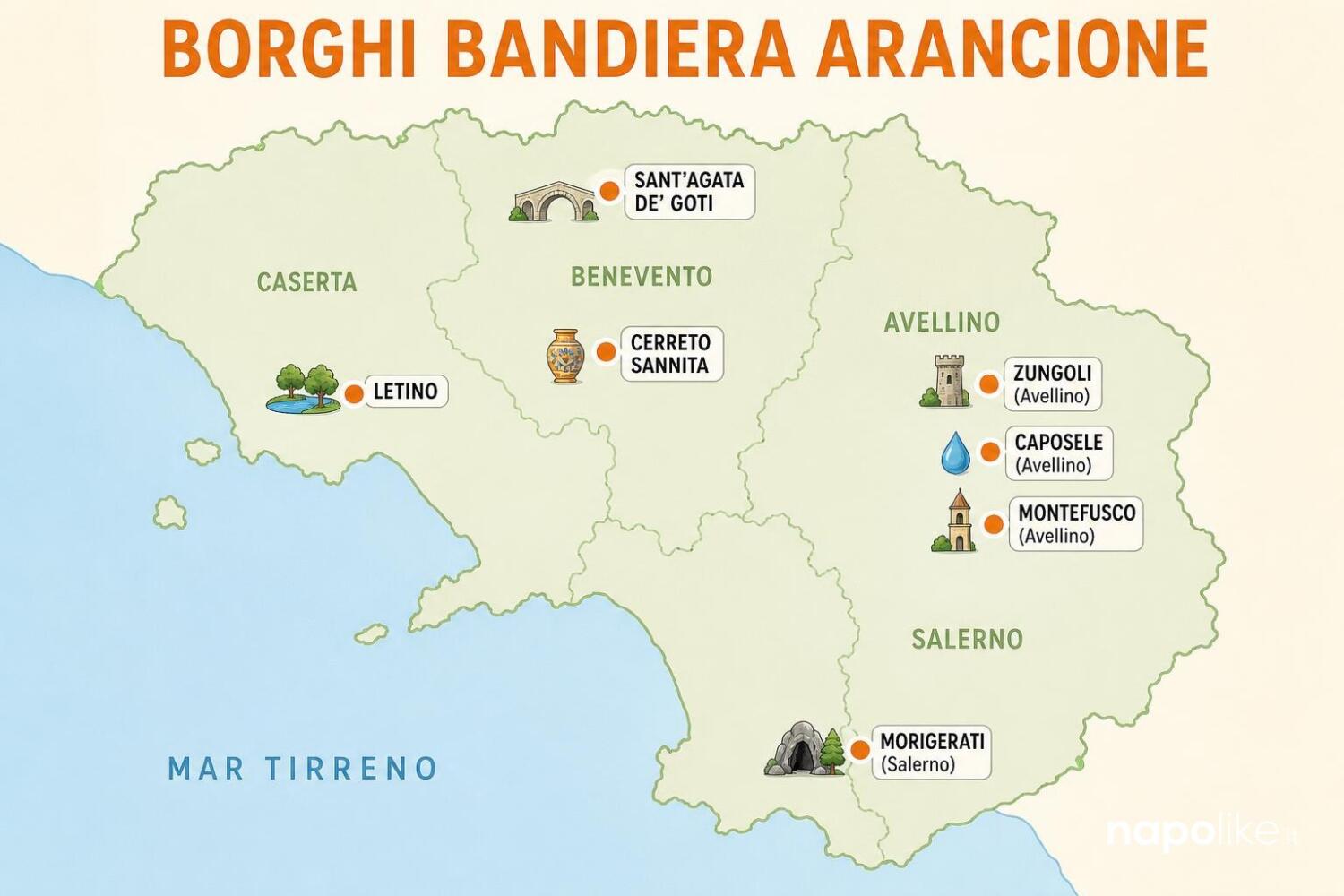 Mappa dei borghi Bandiera Arancione della Campania