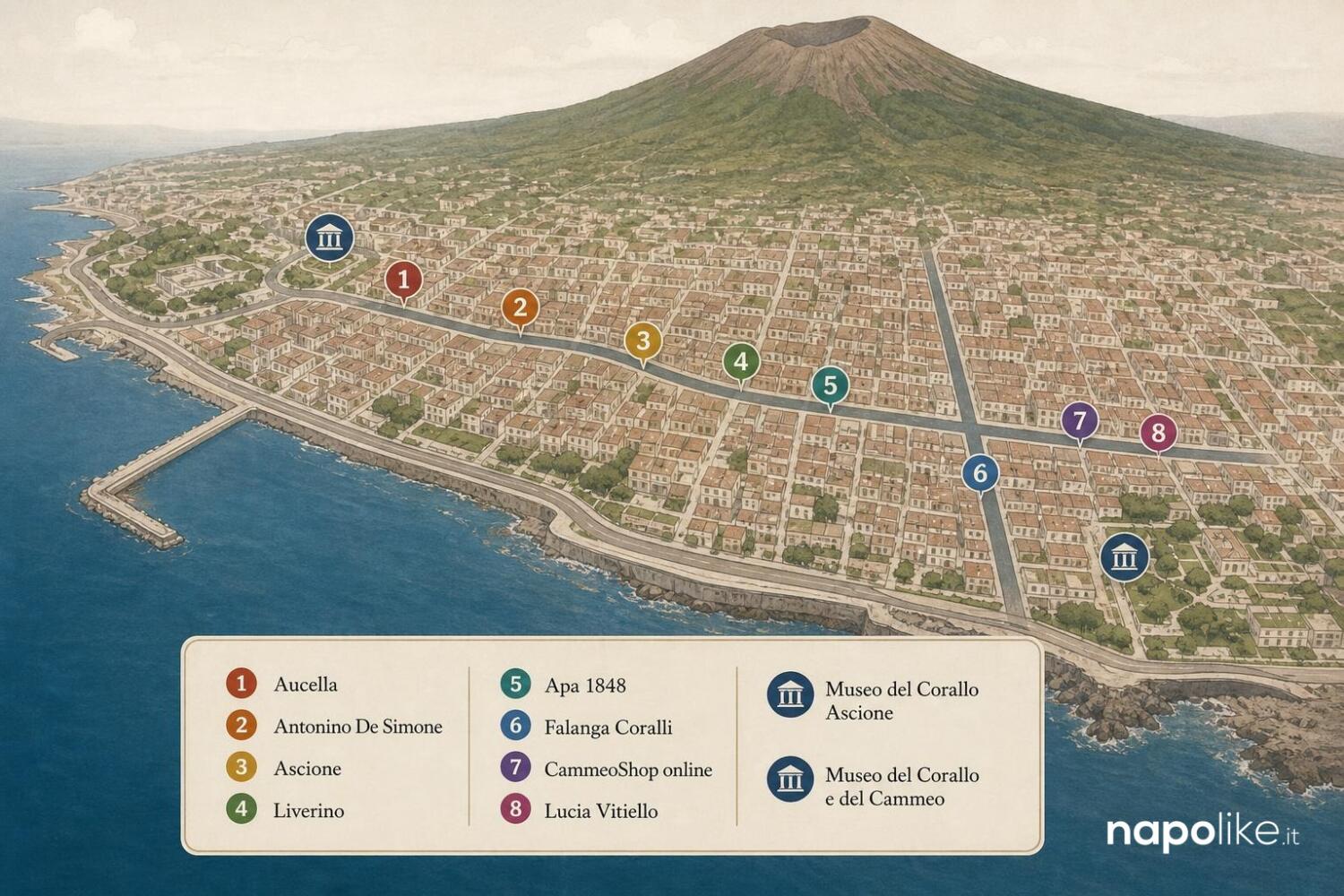 Infografica mappa Torre del Greco: botteghe del corallo e dei cammei