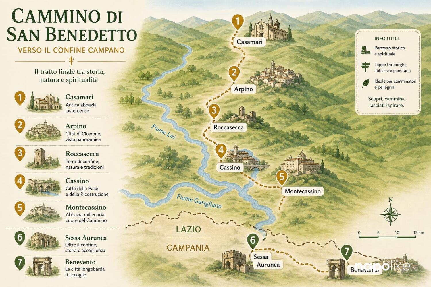 Infografica: mappa del tratto finale del Cammino di San Benedetto verso la Campania