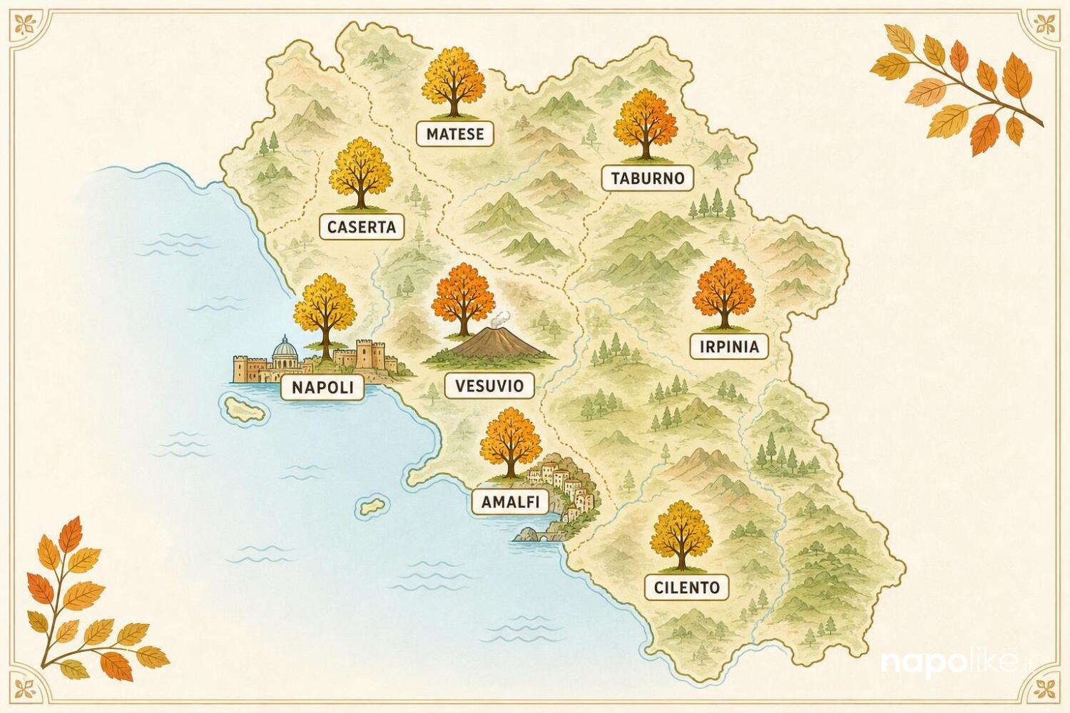 Mappa del foliage in Campania con le localita principali