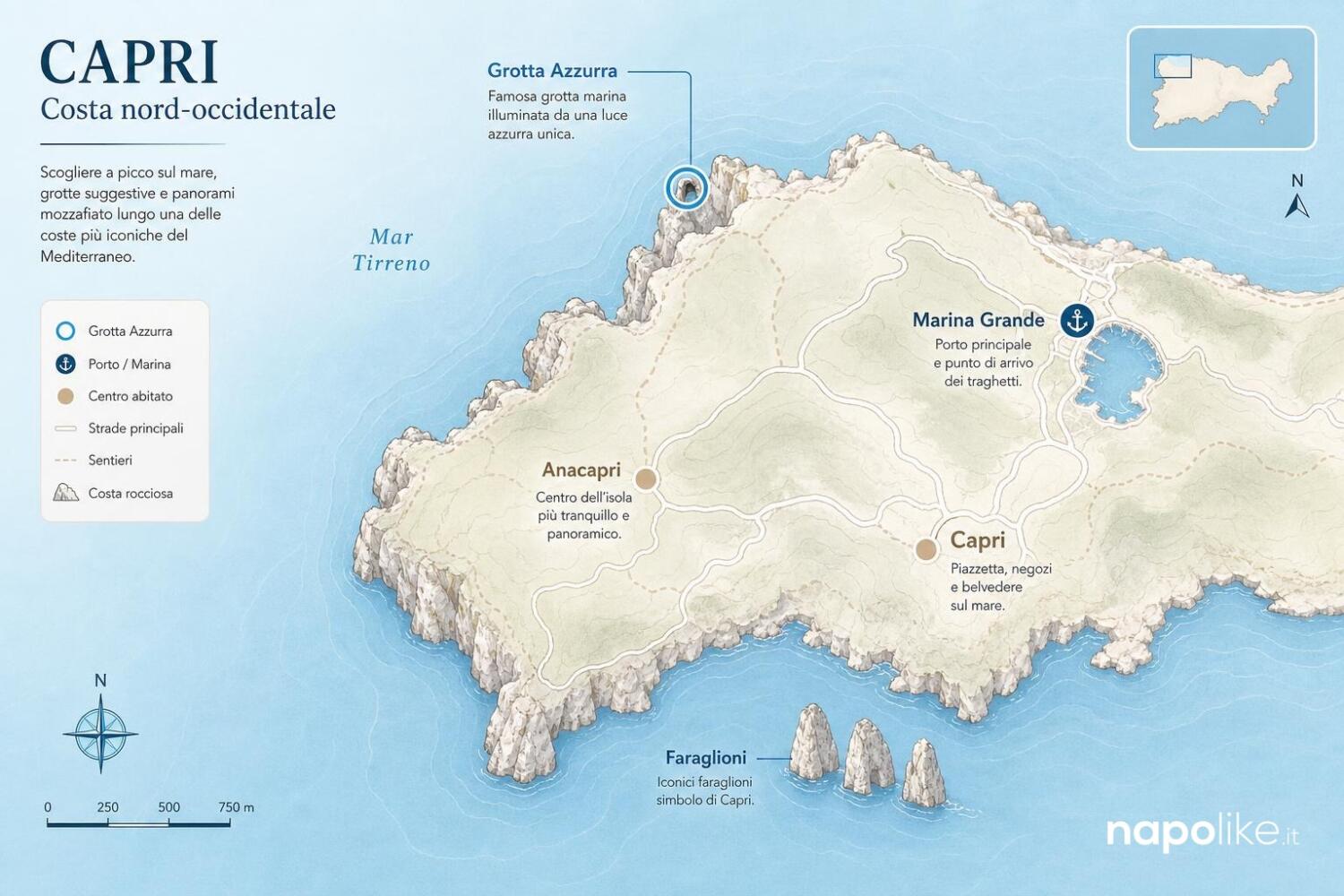 Mappa infografica della Grotta Azzurra e dei punti di interesse di Capri