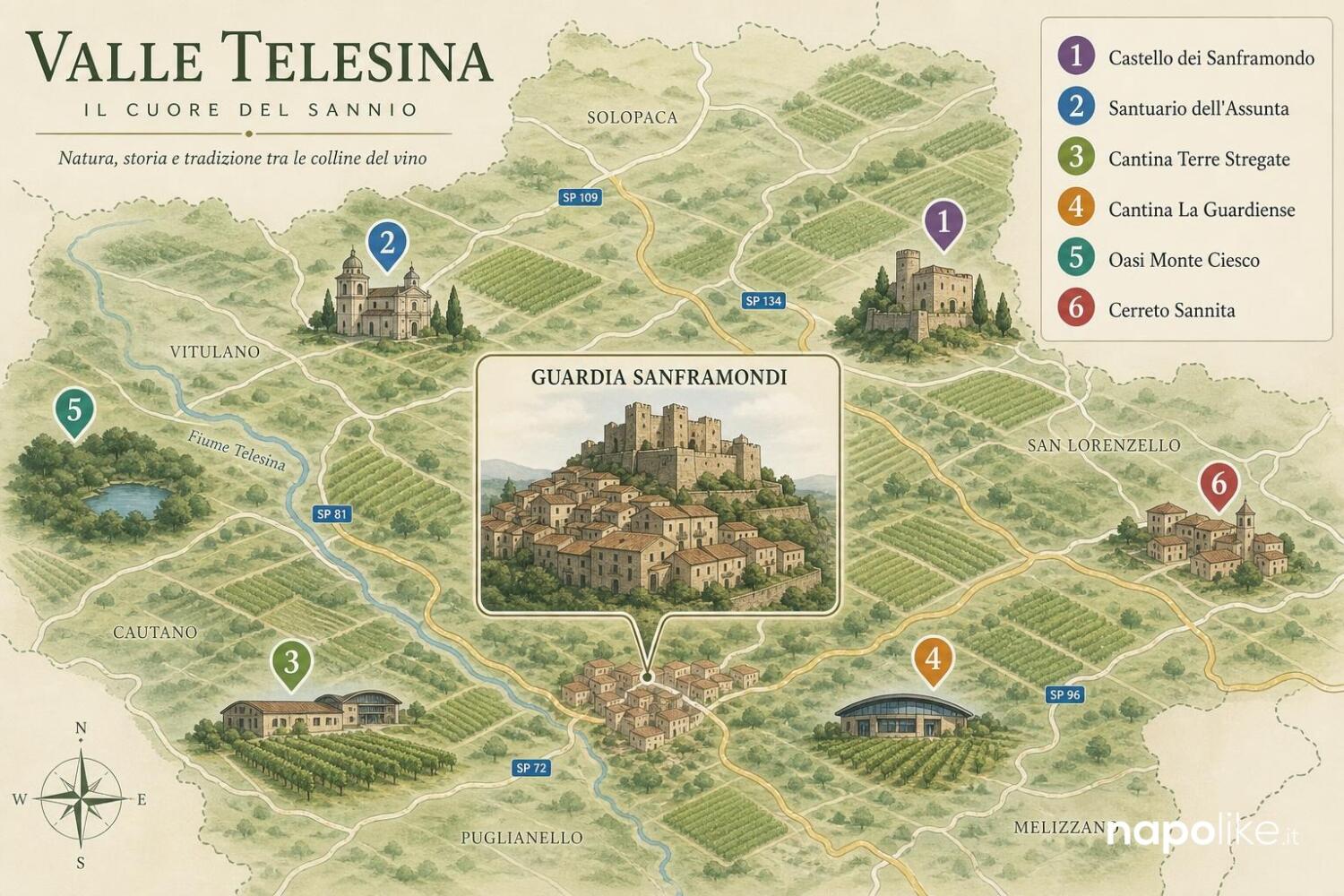 Mappa di Guardia Sanframondi e della Valle Telesina con i luoghi citati