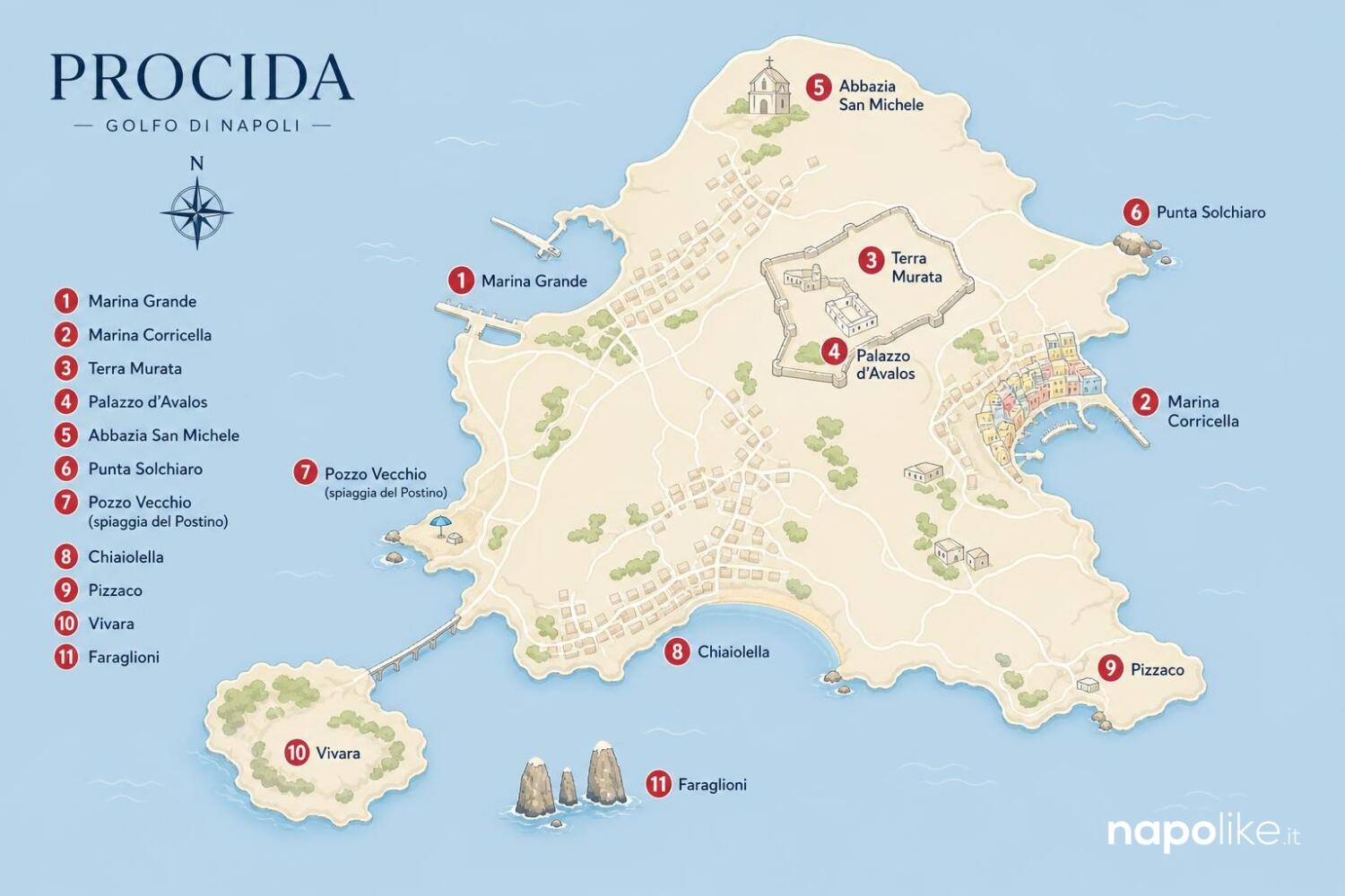 Mappa di Procida: Marina Grande, Marina Corricella, Terra Murata, Punta Solchiaro, Pozzo Vecchio, Chiaiolella